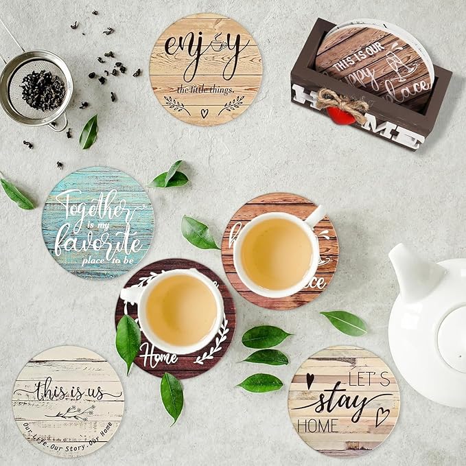 House Warming Gifts for New Home Farmhouse Coaster for Drinks Wood Coasters Set of 6 Personalized Christmas Coasters with Holder Valentines Day Gifts Heart Coaster for Home Decor (Classic Farmhouse)