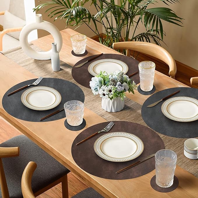 Round Placemats and Coasters Set of 4, Washable Reversible Faux Leather Placemats Cowhide Pattern Place Mats Wipeable Non-Slip 15 inch Round Kitchen Dining Table Mats (Gray Dark Coffee, 4)