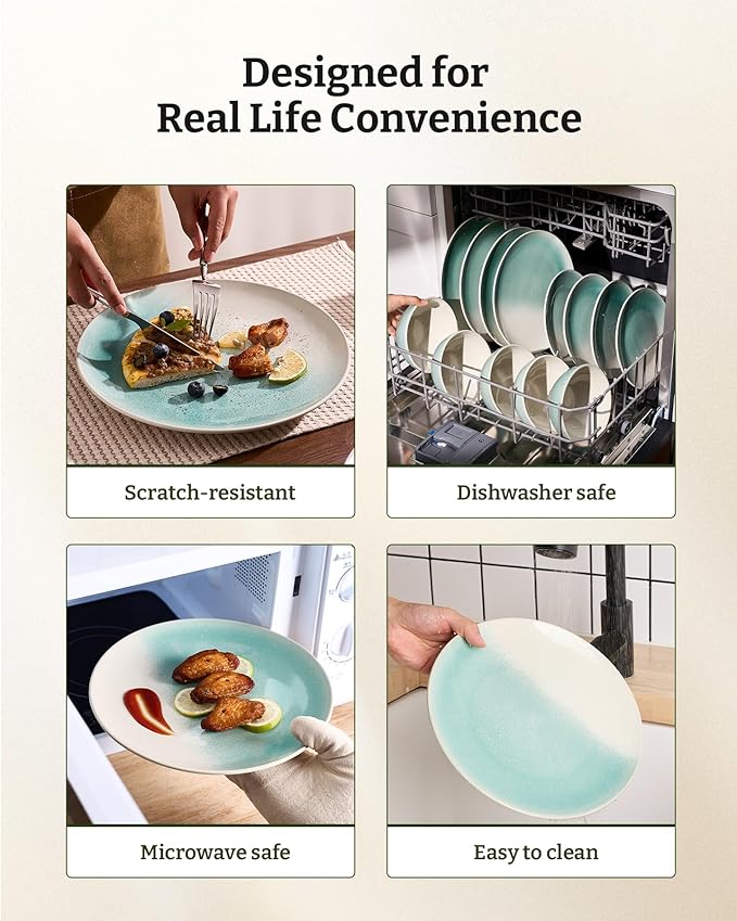 Famiware Glacier Dinnerware Sets, Plates and Bowls Dish Sets for 8 (24 Pieces), Stoneware Tableware - Dishwasher and Microwave Safe, Handcrafted Reactive Glaze, Aqua