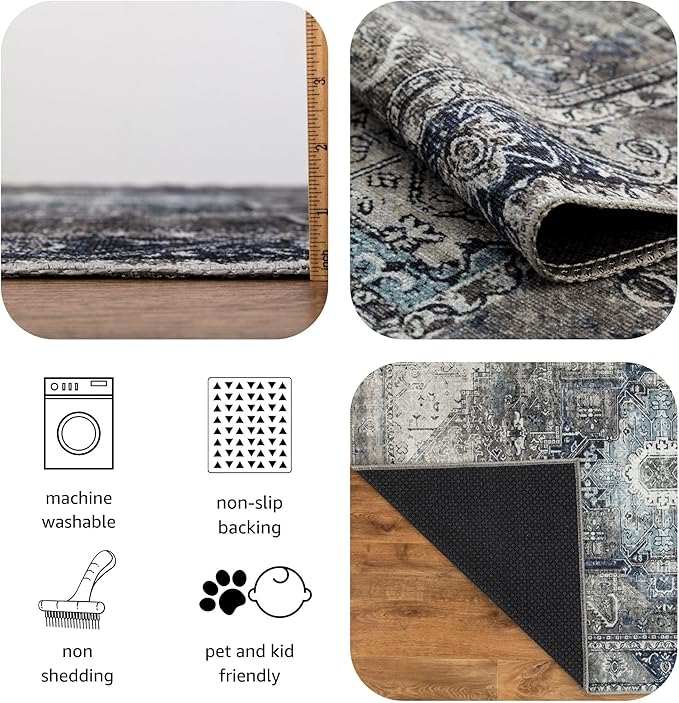 Keen Home Design 5x7 Rug - Machine Washable Area Rug with Non-Slip Backing, Ideal for Living Room, Dining Room, Bedroom - Vintage, Easy Clean, Durable, Low Pile - (5' x 7')