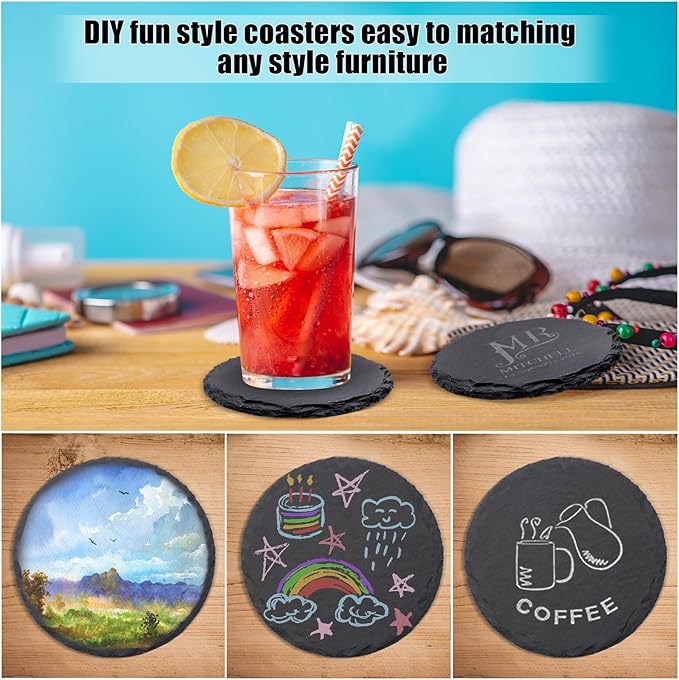 60 Pack Slate Drink Coasters, VIBRATITE 4 Inch Black Slate Stone Coasters Bulk Cup Coaster Laser Engraving Blanks with Anti-Scratch Bottom for Drink Coffee Bar Kitchen Home Decor, Round