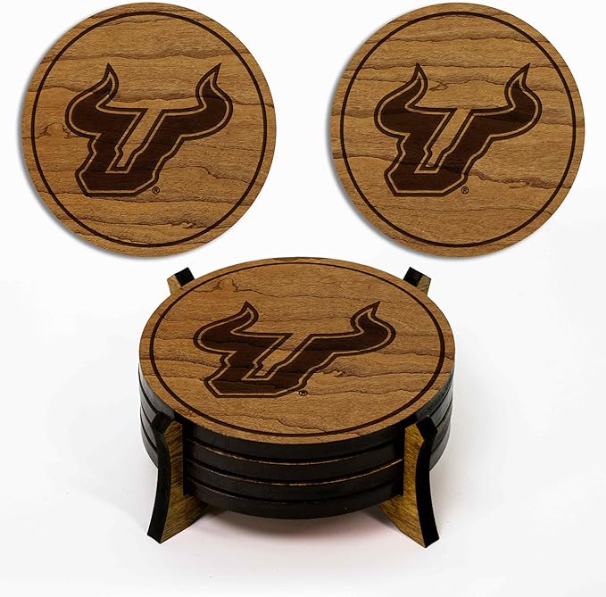 LazerEdge South Florida Bulls Wooden Coaster Set - Cherry Wood - Officially Licensed Product - 4-Pack