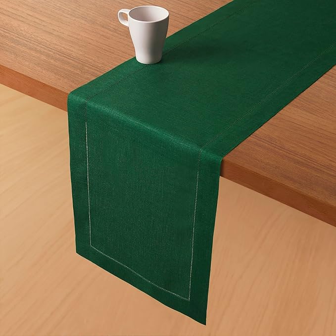 D'Moksha Homes Linen Forest Green Table Runner 90 Inches Long - Classic Hemstitch 100% Pure Linen Dining Table Runner 14 x 90 Inch for St Patricks Day, Easter