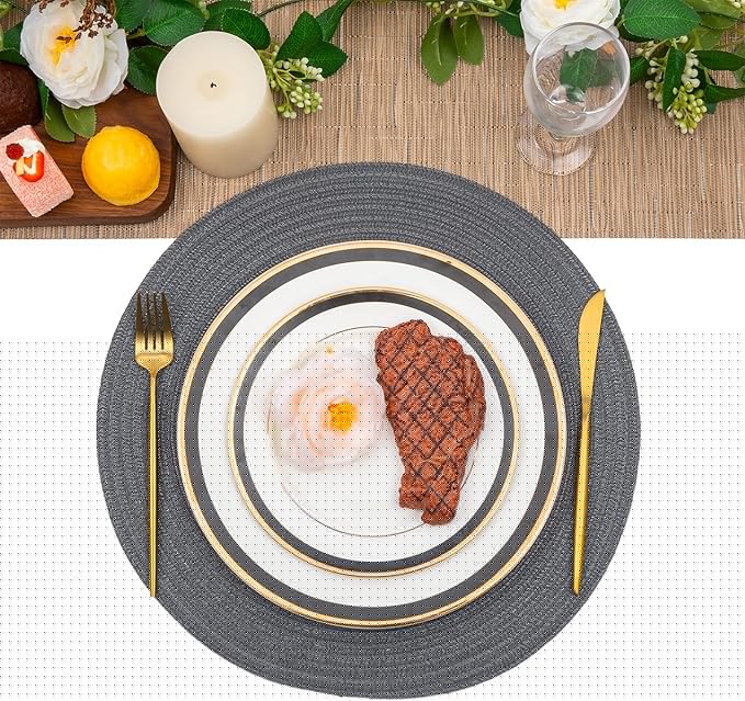 SHACOS Round Placemats Set of 6 Washable 15 inch Round Table Mats Cotton Polyester Woven Braided Place Mats for Dining Table (Charcoal Gray, 6)