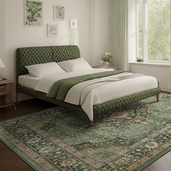 10x14 Rugs for Living Room Bedroom, Washable Green Area Rugs Non Slip Large Rug for Dining Room Office, Floor Decoration Vintage Boho Big Rug Carpet Low-Pile Kid & Pet Friendly