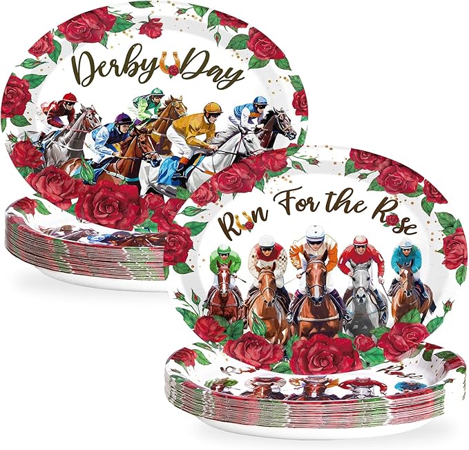 Grencian 50PCS Derby Oval Paper Plates 10" X 12" Disposable Heavy Duty Derby Horse Racing Plates Run for The Roses Dinnerware for Horse Race Day Boys Girl Birthday Party Decorations
