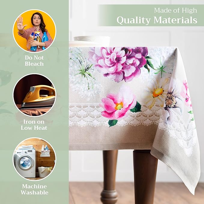 Maison d' Hermine Table Cloth Rectangle Table 100% Cotton 60 x 120 Inches Tablecloth Reusable Decorative for Dining Room Farmhouse Home Valentines Day Decorations Spring Summer - Pivoine