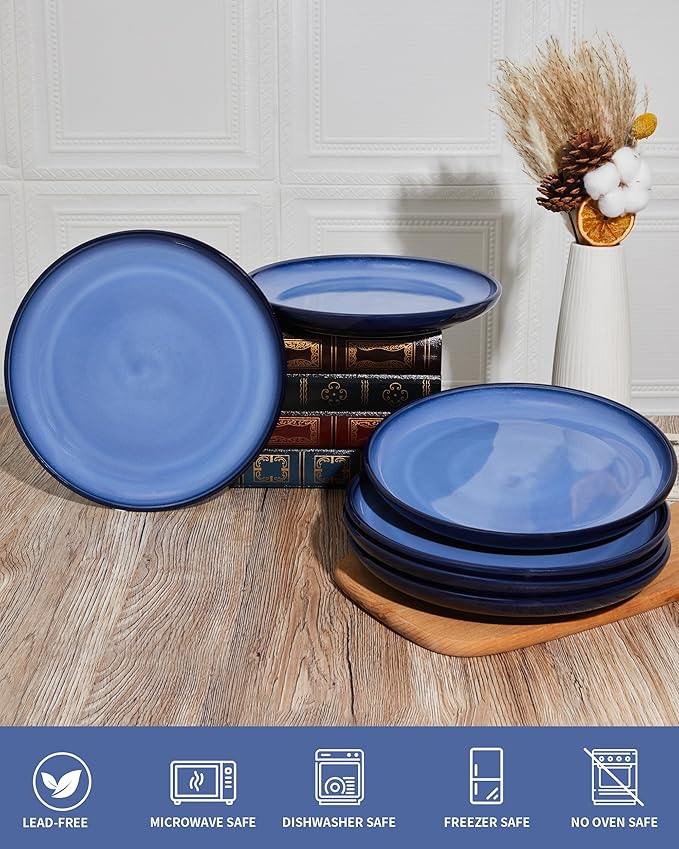 Dinner Plates for 6, 10 Inches Plate Set, Scratch Resistant, Large Stoneware Dinnerware, Kitchen Modern Rustic Serving Dishes, Light Blue
