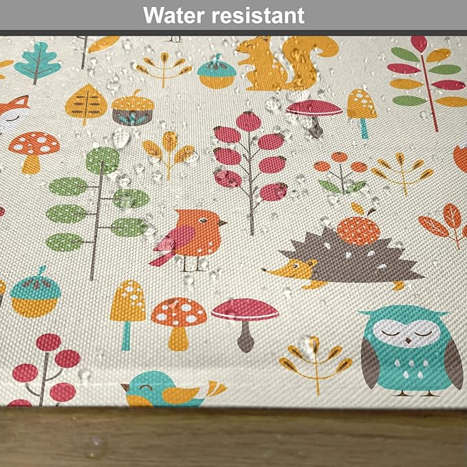 Ambesonne Cartoon Place Mats Set of 4, Autumn Pattern Owl Fox Squirrel Birds Animal Leaves Print, Washable Fabric Placemats for Dining Table, Standard Size, Cream Orange