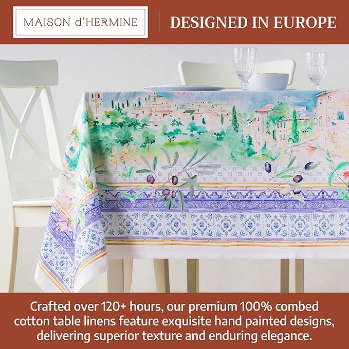 Maison d' Hermine Premium Table Cloth Rectangle Table 100% Combed Cotton 140 x 70 Inches Tablecloth Reusable Decorative for Dining Room, Farmhouse, Home, Party, Festive & Wedding - Luberon