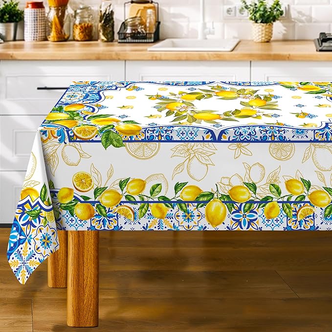 Lemon Tablecloth 60 x 120 Inch Rectangle, Yellow and Blue Mediterranean Summer Decor Tile Flower Pattern Table Cloth Italian Themed Decor for Party Oblong Table Cover for Dining Room