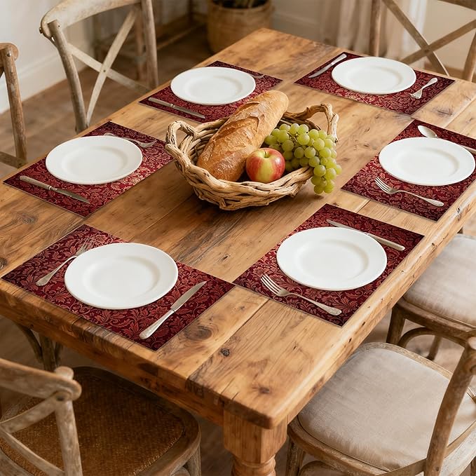 Luxury Jacquard Placemats Set of 6, Red Ethnic Bohemian Waterproof Linen Fabric, Non-Slip Backing & Easy Clean, Elegant Dining Table Protectors for Family and Guests