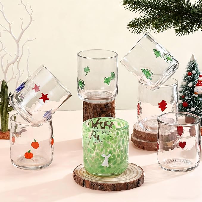 Icon Juice Glasses, 14oz Stemless Wine Drinking Juice Glass Cup for Valentine Party Supplies Gift(7 Pcs,Multi-style)