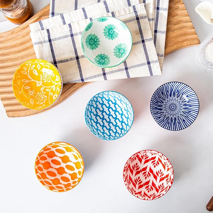Ceramic Dipping Bowls Set - Mini 4 Oz Dessert Bowls - Small 3.5 Inch Porcelain Bowls for Side Dishes, Snack, Yogurt, Appetizer - Microwave Dishwasher Safe - Set of 6 - Assorted Colors