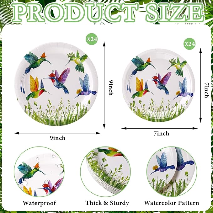 48 Pcs Hummingbird Plates Set Include 9 Inch and 7 Inch Spring Watercolor Disposable Plates Summer Decorative Dinner Birthday Party Tableware for Baby Shower Party Supplies