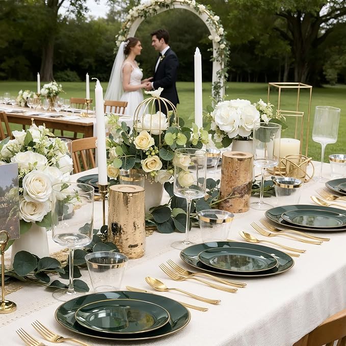WDF 300Pcs Green Plates Disposable - Heavy Duty Green Plates - 50Guest Green Plastic Dinnerware Include 50 Dinner Plate, 50 Dessert Plate, 150 Cutlery & 50 9oz Cups for Parties St. Patrick’s Day