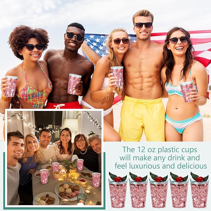 Patelai 100 Pcs Teal Blue Plastic Cups 12 oz Teal Blue Rimmed Plastic Cups Heavy Duty Disposable Wine Glasses Clear Cocktail Glasses Drinking Tumblers for Party Wedding Christmas Birthday