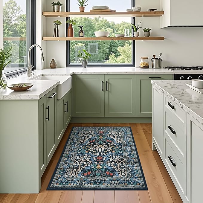 GarveeHome Floral Entryway Rug, 2x3 Washable Front Door Entry Throw Rugs Indoor, Non Slip Bathroom Small Rugs, Boho Thin Rug for Kitchen, Soft Carpet Mat for Bedroom Bathroom, Dark Blue