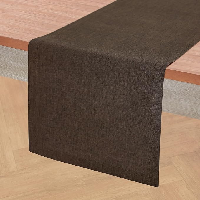 Solino Home Linen Table Runner 36 Inches - 100% Pure Linen Chambray Brown Table Runner 14 x 36 Inch Ideal for Dresser and Coffee Tables - Winter - Athena