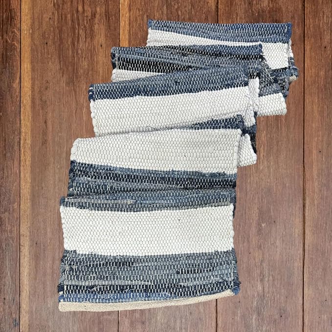 Perilla Home Chindi Table Runner Boho with Tassels 72 Inches Long Linen Cotton - Braided Rustic Farmhouse Fall Kitchen Dining Table Decoration for Party Wedding (Blue & White)