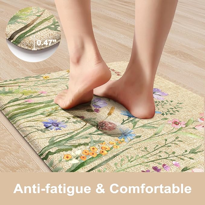 KIMODE Kitchen Mats for Floor Anti Fatigue, Boho Flower Kitchen Rug, Cushioned Kitchen Floor Mats, Comfort Standing Mat, Padded Kitchen Floor Mat for Sink Laundry Office Desk 20"x39" Brown