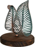 OwlGift Freestanding Modern Napkin Holder w/Golden Turquoise Metal Leaf & Brown Wooden Base Design, Tabletop Tissue Dispenser, Napkin Storage Organizer