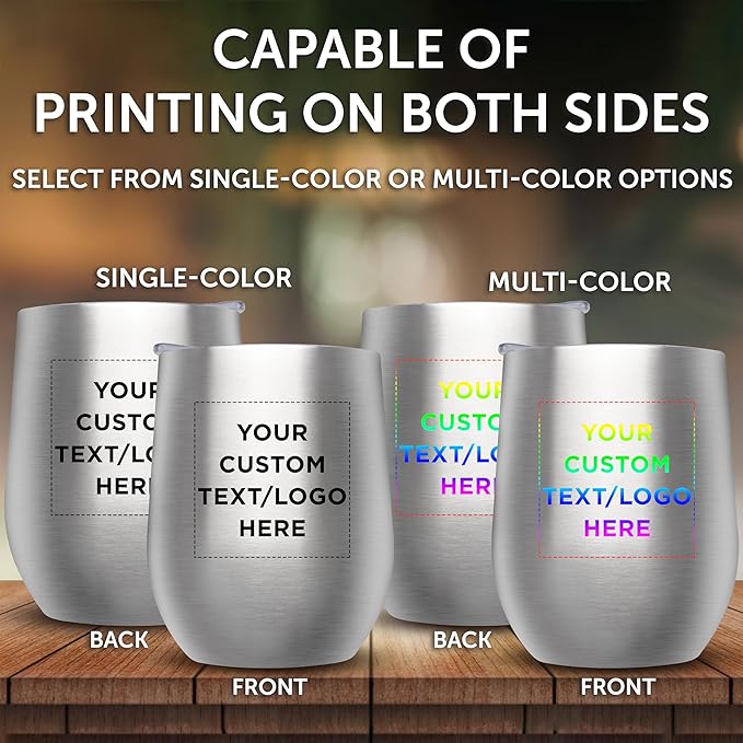 Custom Stemless Wine Glass Tumblers with Lids by Largo 11 oz. Set of 24, Personalized Bulk Pack - Perfect for Wine, Cocktails, Other Hot & Cold Beverages - Silver
