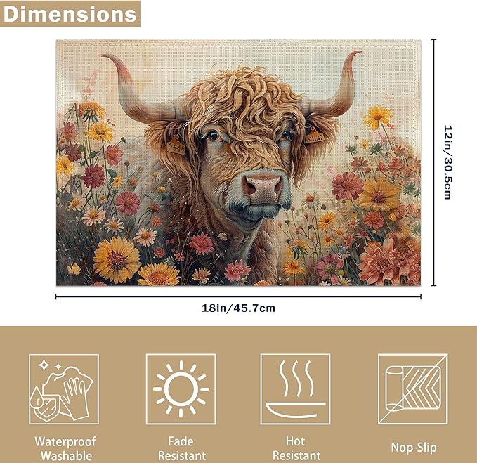 Highland Cow Flowers 12x18 Inch Placemats Set of 6 - Waterproof, Non-Slip & Washable Summer Fall Placemats for Kitchen & Dining Table Placemats