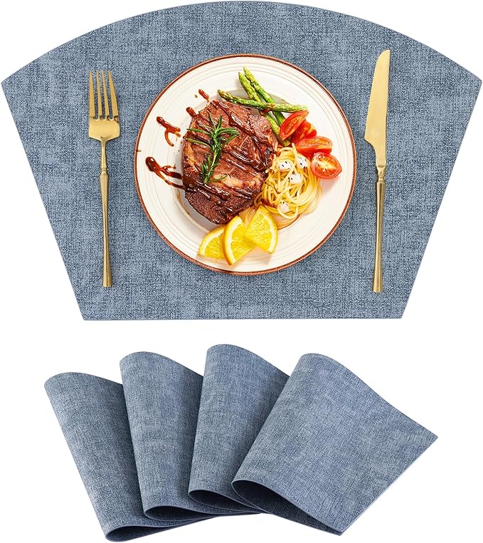 Homaxy Round Table Placemats Set of 4, Washable Wedge Shaped Faux Leather Table Mats, Wipeable Kitchen Dinner Place Mats for Indoor Outdoor, Blue