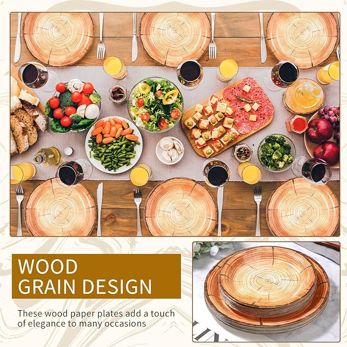 Tioncy 50 Pieces Wood Grain Paper Plates 7" 9" Rustic Wood Slice Plate Farmhouse Round Disposable Dinner Dish for Woodland Baby Shower Lumberjack Birthday Party Supplies