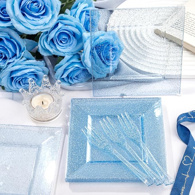 DaYammi 100Pcs Blue Glitter Dessert Plates Including 50Pcs Appetizer Plates 6" and 50Pcs Plastic Forks 5.7",Blue Plastic Square Plate for Party,plastic Salad Plate and Cake Forks for Wedding Birthday