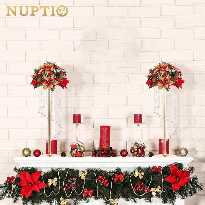 Nuptio Wedding Centerpieces Gold Vases: 10 Pcs 27.6in Tall Crystal Flower Vase Metal Flowers Stand for Party Tables Decorations - Elegant Bulk Weddings Decoration Table Chandelier Centerpiece Stands