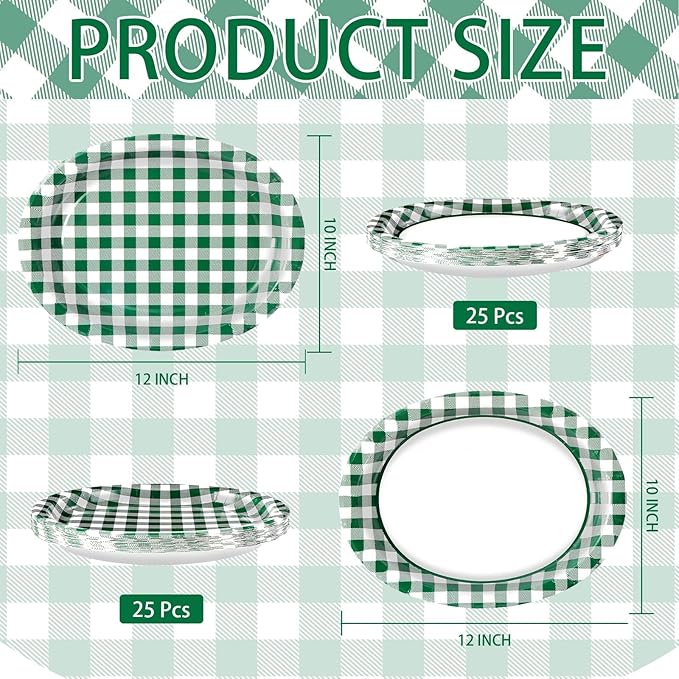 50Pcs Spring Gingham Oval Paper Plates 10" x 12" Large Disposable Heavy Duty Green White Buffalo Checked Plaid Dessert Platters Plates for Spring Birthday Picnic BBQ Party Supplies