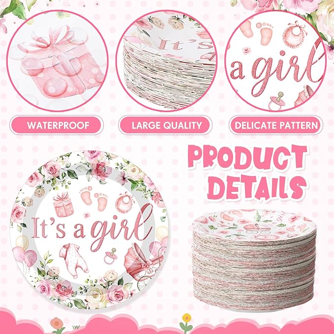 60 Pcs 7 Inch Baby Shower Paper Plates Girl Pink Floral Baby Shower Plates Decorations Sweet Tableware It's a Girl Party Supplies Favors for Gender Reveal Theme Party