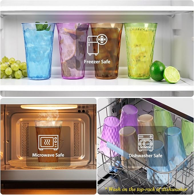 Freshmage 20 oz Unbreakable Drinking Glasses (Set of 8), Jewel Tone Colored Reusable Tumblers, BPA Free Plastic Drinking Cups for Home, Outdoor, Picnic, Pool, Stackable, Dishwasher & Microwave Safe