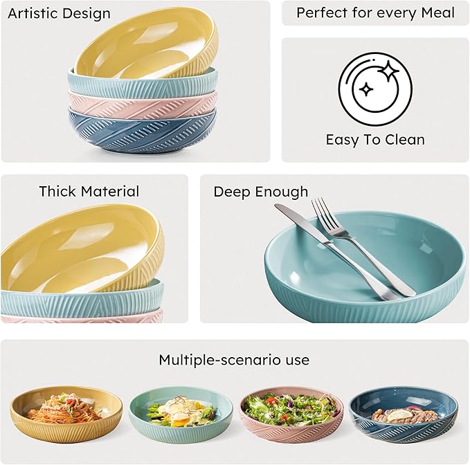 8.5Inch Pasta Bowls, 36OZ Serving Bowls, Salad Bowls Set of 4 Ceramic Sturdy & Stackable, Ideal for Housewarming, Festivals, Multicolor (36 OZ)