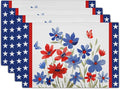 Giwawa 4th of July Placemats Set of 4 Watercolor Patriotic Flowers Stars Table Mats 12x18 Inch Independence Day Floral Heat Resistant Washable Linen Place Mat for Kitchen Dining Party Decor