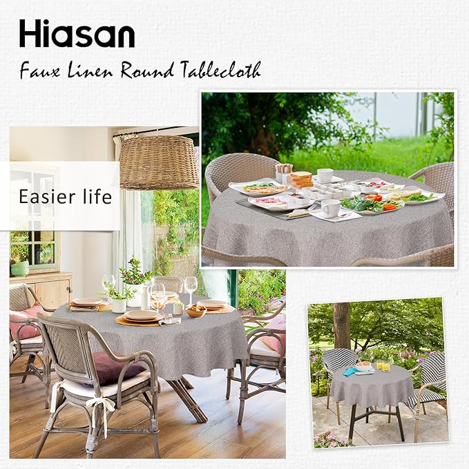 Hiasan Round Linen Tablecloth 80 Inch - Wrinkle and Stain Resistant Washable Polyester Fabric Table Cloth for Dining Room Kitchen Party, Stone