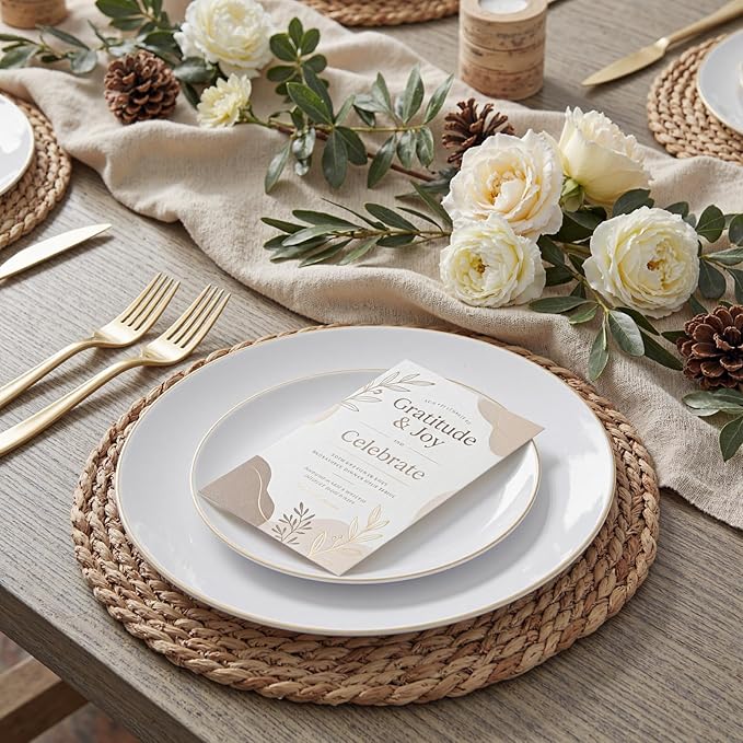 KIRE 100PCS Disposable Plates - White with Gold Rim for Christmas Party/Wedding - Includes 50Pieces 10.25inch Dinner and 50Pieces 7.5inch Dessert/Salad Plates