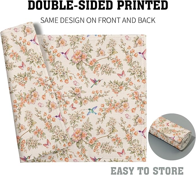 Floral Birds Placemats - Spring Summer Place Mat Set of 4 Hummingbird Butterfly Tablemats 12x18 for Party Kitchen Dining