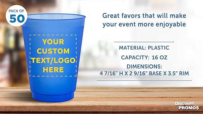 DISCOUNT PROMOS Custom Frosted Plastic Stadium Cups, 50 pack, Promotional Text, Logo, 16 oz. Shatterproof Flexible Reusable Party Cups, Blue