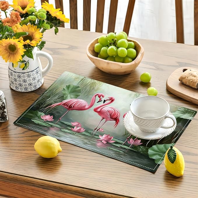 Flamingo Placemats Set of 6, Flamingo Tropical Flowers Place Mats, Wildlife Waterproof Washable Table Mats for Home Party Indoor Kitchen Dining Table Decoration 12x18 Inch