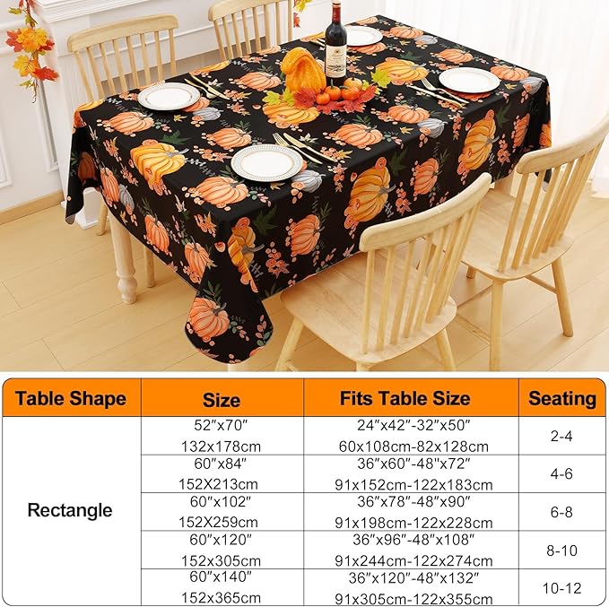 Smiry Fall Rectangle Table Cloth, Waterproof Vinyl Tablecloth with Flannel Backing, Wipeable Autumn Pumpkin Plastic Tablecloths for Harvest and Thanksgiving Parties, (60"x120", Black & Orange)