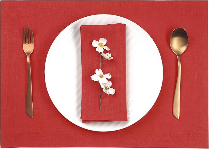 D'Moksha Homes Linen Placemats 14 x 19 Inch - Bright Red Placemats Set of 4-100% Pure Linen Table Place Mats for Valentines, Spring, Easter - Handcrafted and Machine Washable