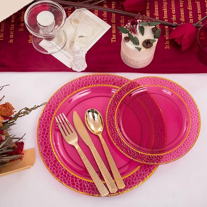 Ciaell 150PCS Clear Red Plastic Plates - Disposable Red and Gold Plates Set include 50Plates, 25Forks, 25Knives, 25Spoons, 25Cups for Wedding & Party & Valentine's Day