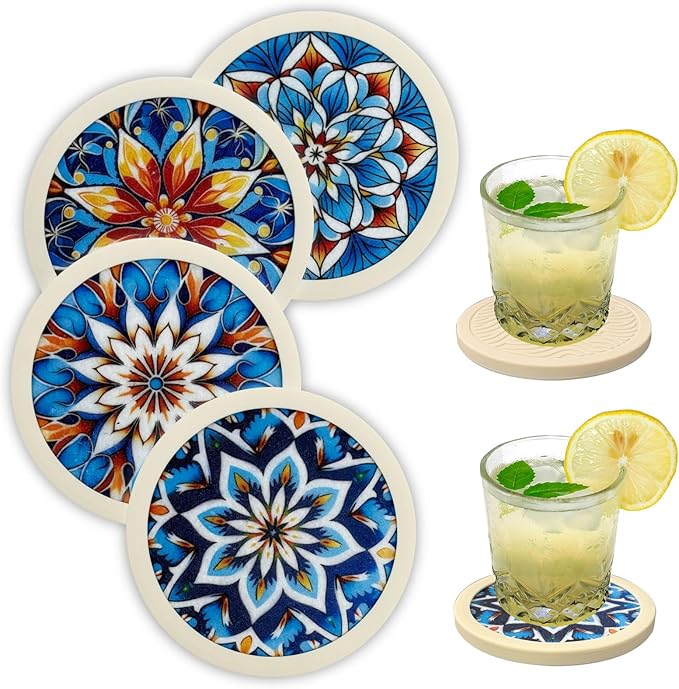 Mandala Non-Slip Silicone Coasters, 4-Pack Double-Sided Absorbent Cup Mats for Hot & Cold Drinks, Scratch & Water Ring Protection for Wood Tables, Home Office Bar Use (4PC Wanda La)