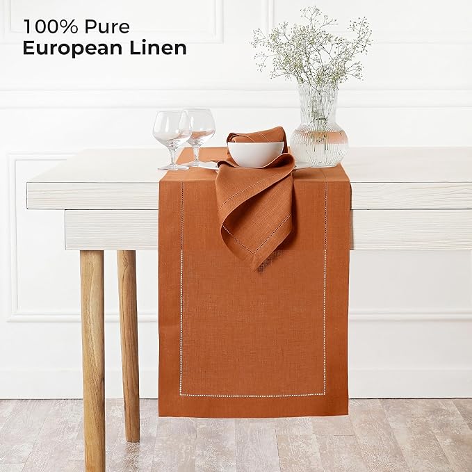 D'Moksha Homes Linen Rust Table Runner 84 Inches Long - 100% Pure Linen Table Runner 14 x 84 Inch for Spring, Easter - Classic Hemstitch