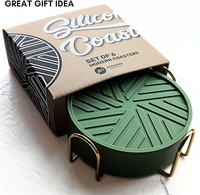 Silicone Coasters Set of 6 with Holder - Unique and Modern Pattern for Prevent Sticking from Cups Coffee Table, Home, Office, bar Decor, Sage Green
