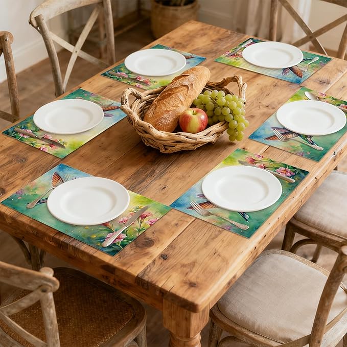 Table Placemats Set of 6, Waterproof Linen Fabric, Non-Slip Backing & Easy Clean, Elegant Dining Table Protectors for Family and Guests(Watercolor Hummingbird Flowers)