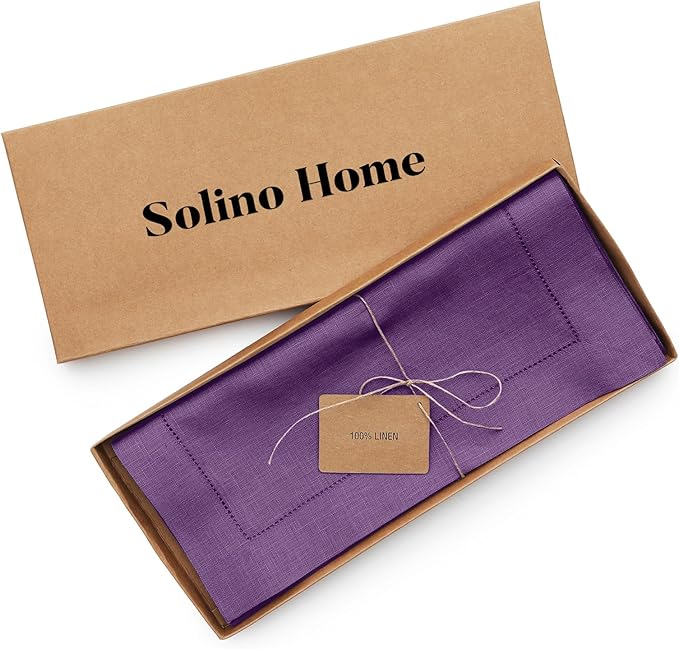 Solino Home Linen Purple Table Runner 60 Inches - Classic Hemstitch, 100% Pure Linen Coffee Table Runner 14 x 60 Inch Ideal for Dresser Tables - Spring, Easter, Valentines